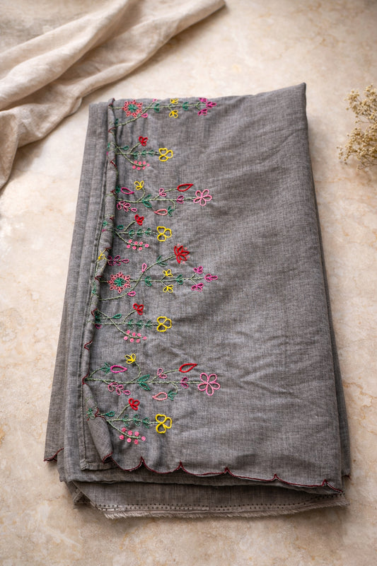 Grey cotton saree with floral embroidery border lightweight daily wear saree