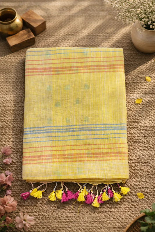 Yellow linen saree with pink border - SOL BY SMITHA