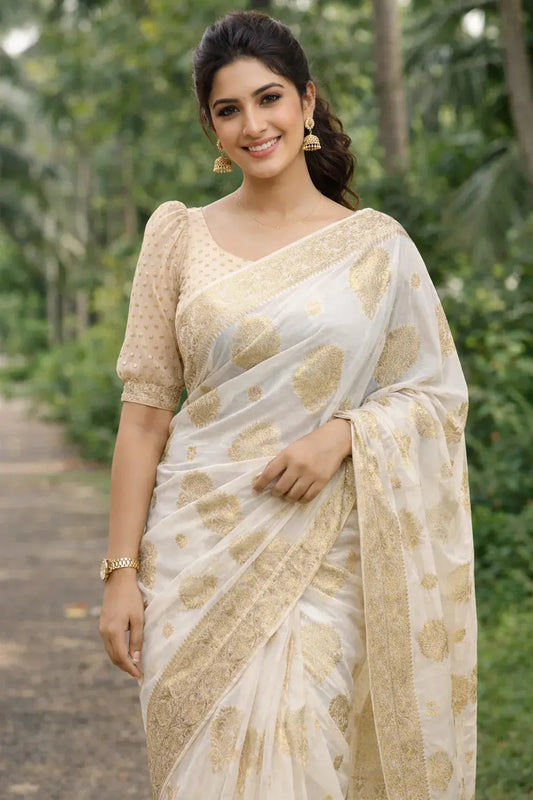 Woman in white and gold soft silk saree with intricate pattern, smiling outdoors