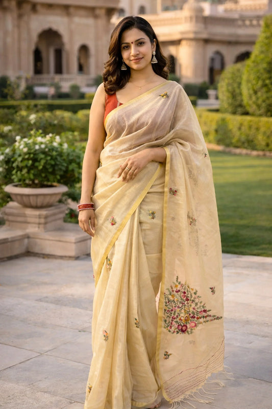 Tissue Pallu Katha Saree with Hand Embroidered Floral Design – Luxury Festive Wear - SOL BY SMITHA