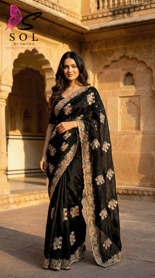 Black With Multicolor Stone Work Saree - SOL BY SMITHA