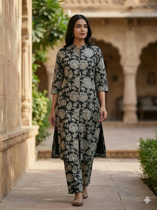 Woman wearing black and gold embroidered ethnic kurta set with flower patterns outdoors