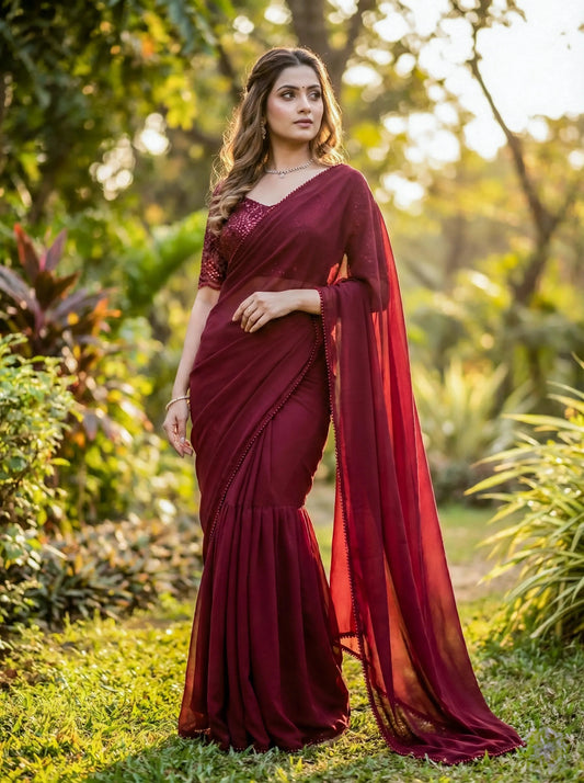 Woman in maroon soft silk saree with embroidered blouse, standing outdoors in greenery
