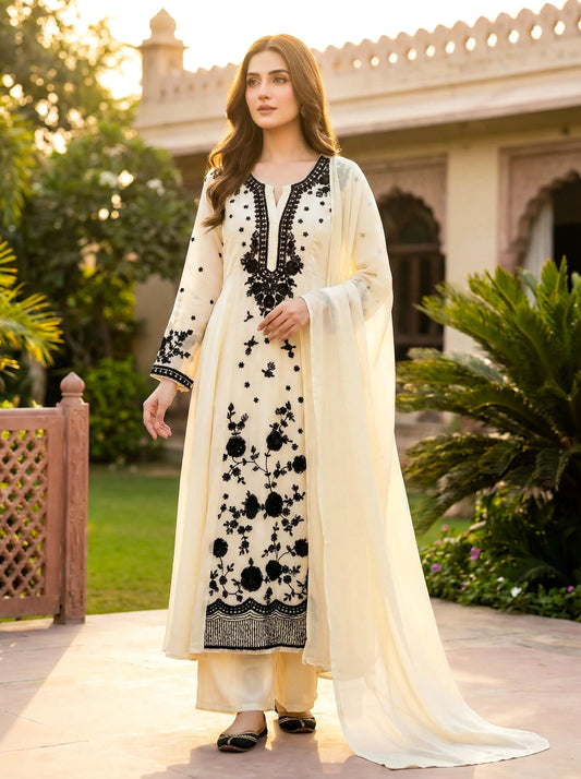 Woman wearing cream and black embroidered ethnic suit with dupatta outdoors