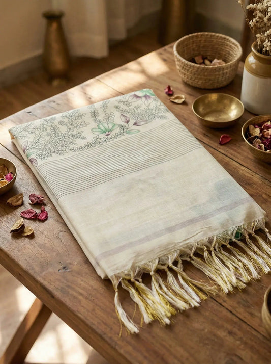 Elegant cream silk saree with floral design and tassel border on wooden table, festive decor