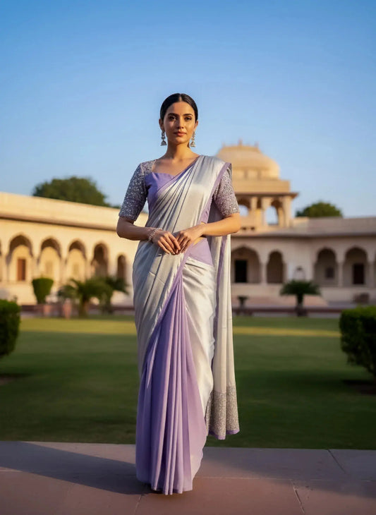 Woman in a lavender silk saree with sequin blouse, standing in a palace courtyard at sunset
