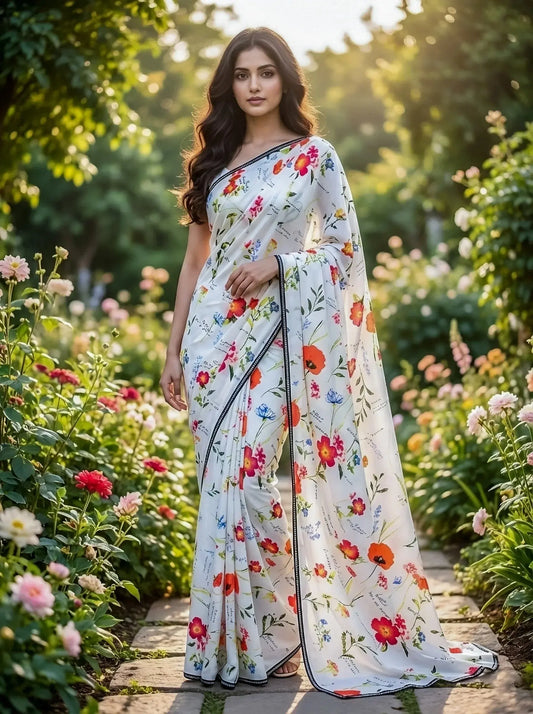 Woman in a white floral silk saree walking in a blooming garden, luxury ethnic wear