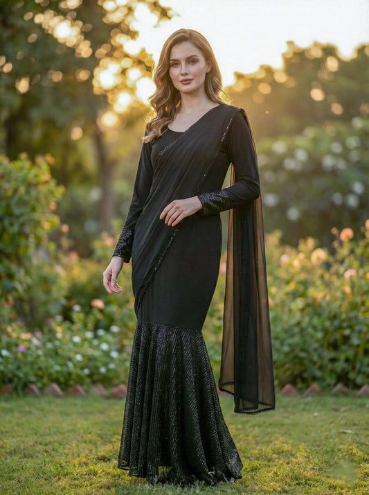 Woman in a black designer silk saree with shimmer details, standing outdoors at sunset