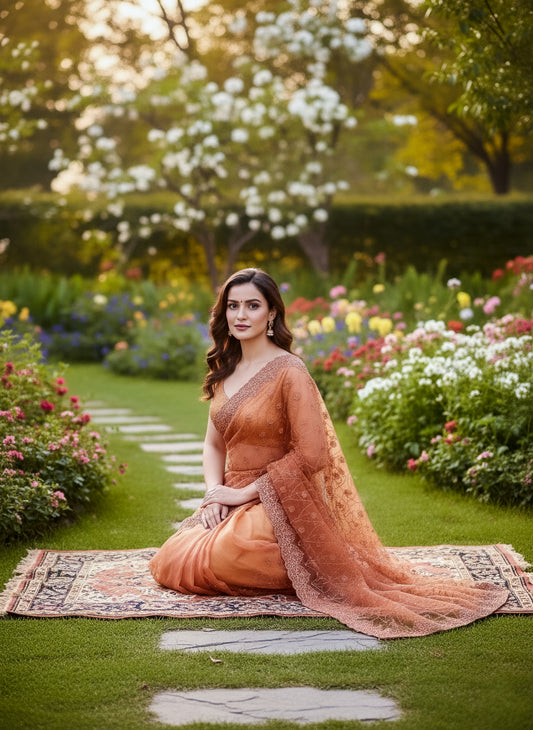 Peach Net Saree