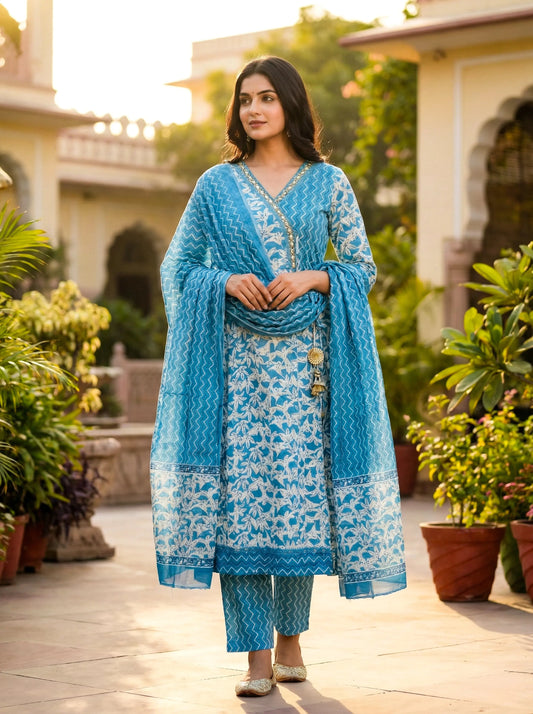 Woman wearing a blue and white ethnic silk suit with floral patterns, standing outdoors