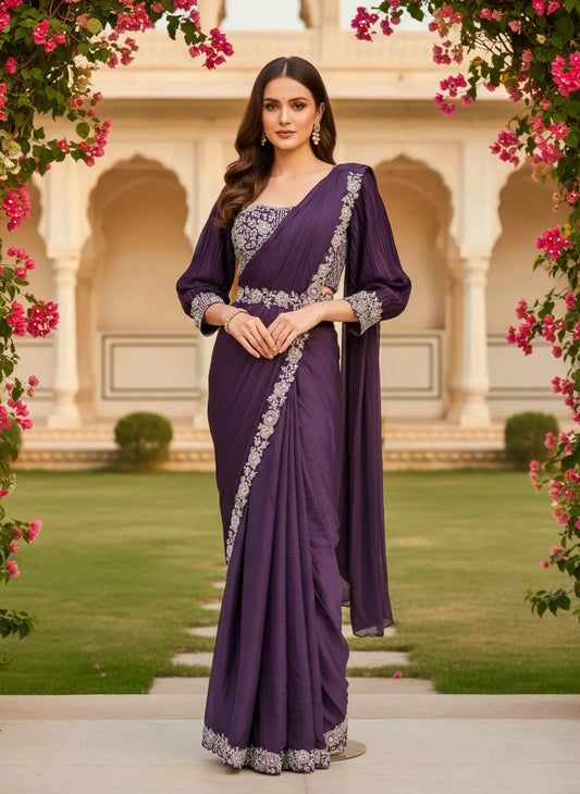 Woman in an elegant purple silk saree with silver embroidery, posed outdoors with floral arches