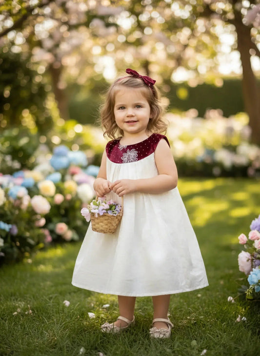 Little girl in white and maroon dress holding a flower basket, standing in a blooming garden.
