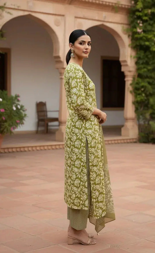 Woman in green floral-patterned ethnic kurta set and dupatta, standing outdoors