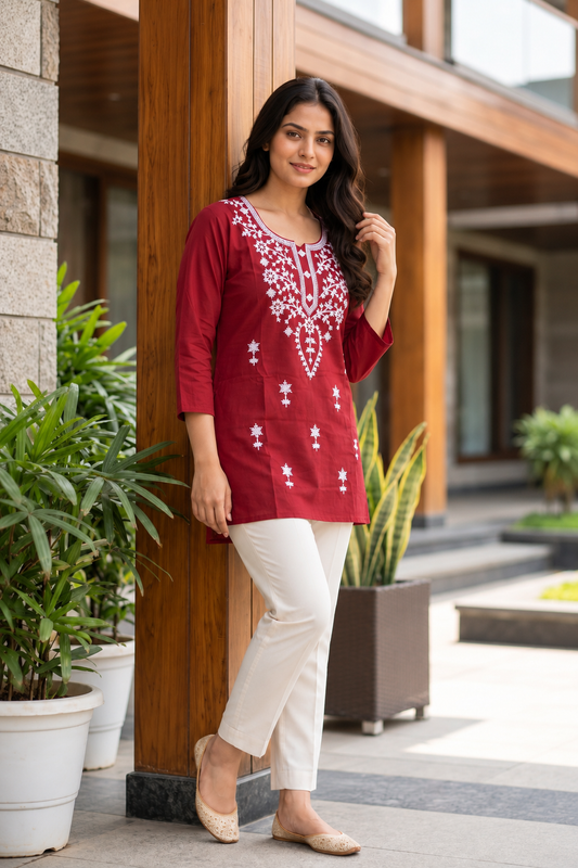 Women's Cotton Embroidered Short Kurti – White Thread Work