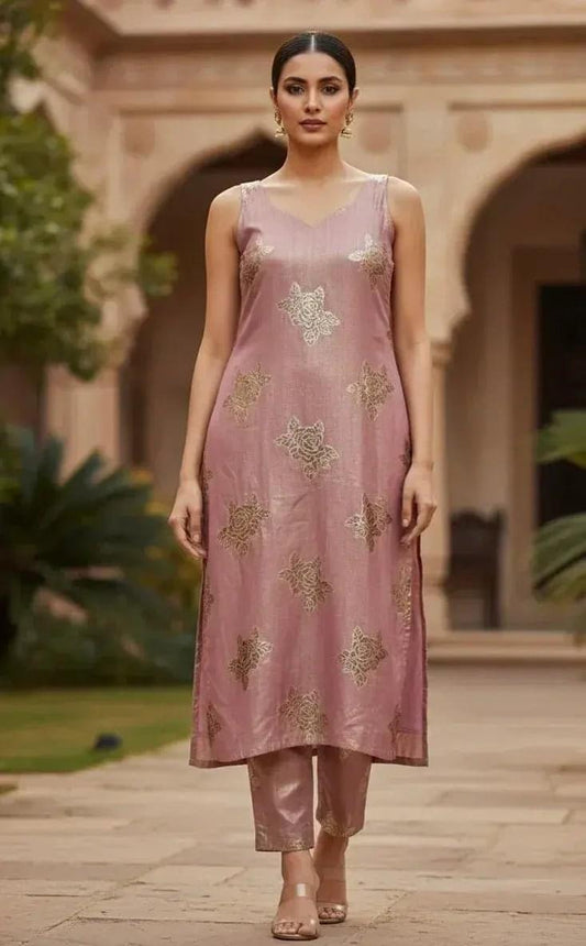 Elegant Banarasi 2-piece sleeveless dress by SOL BY SMITHA featuring traditional gold and vibrant color details.