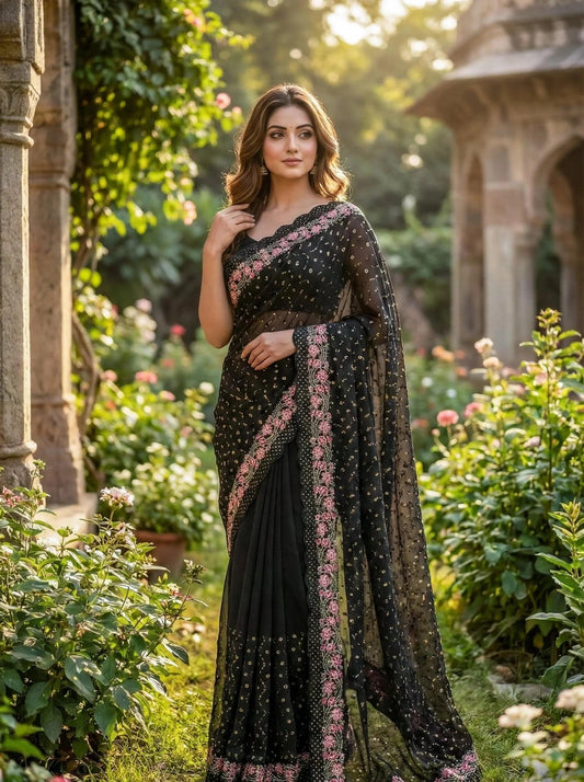Black and golden sequence saree by SOL BY SMITHA, featuring intricate gold embroidery and elegant drape.