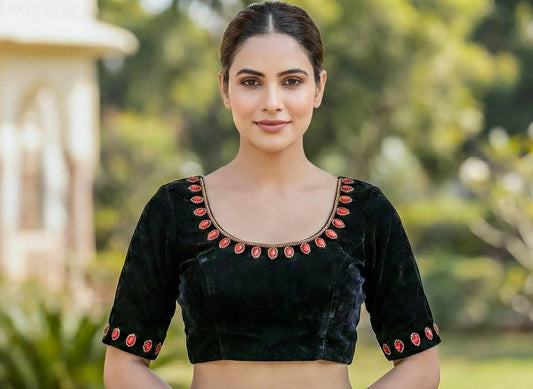 Black hand-work blouse by SOL BY SMITHA featuring intricate embroidery and elegant design, displayed on a mannequin.
