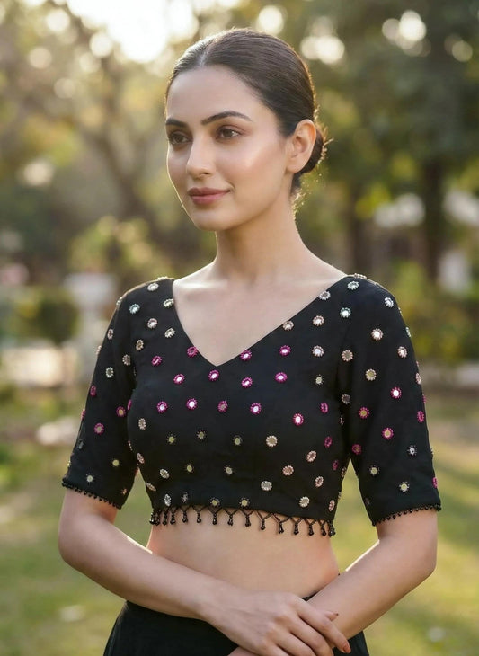 Black Mirror Work Blouse by SOL BY SMITHA, featuring intricate mirror work, long sleeves, and a classic fit.