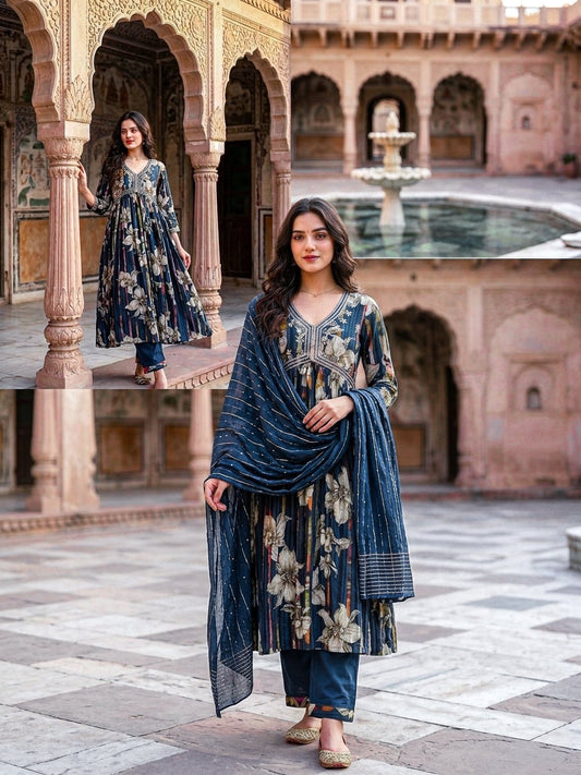 Blue Flared Kurta Set for Women | Frock Style 3 Piece Suit with Dupatta - SOL BY SMITHA