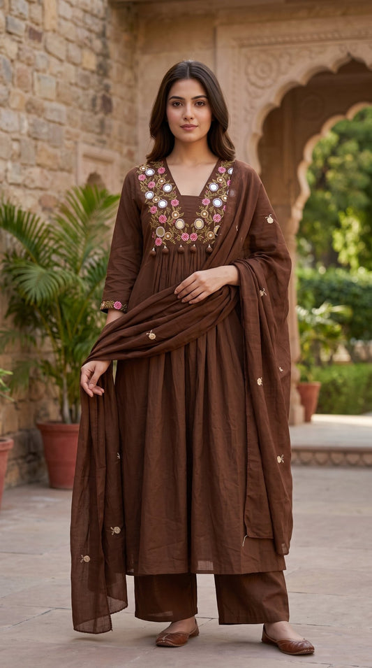 Brown Mirror Work 3-piece suit by SOL BY SMITHA featuring intricate mirror embroidery and traditional ethnic design.