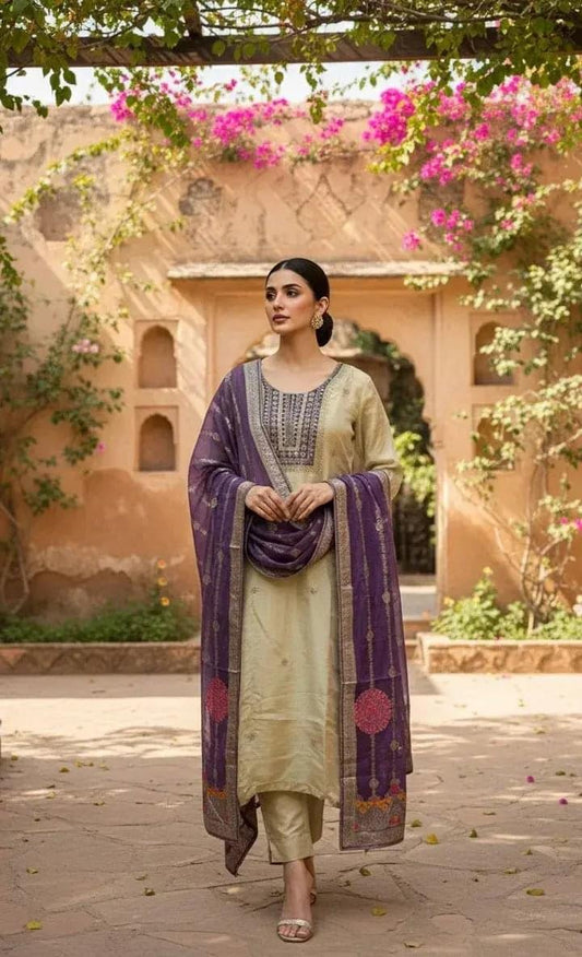 Chanderi silk 3-piece suit set by SOL BY SMITHA, featuring a traditional embroidered kurta, matching dupatta, and bottom.