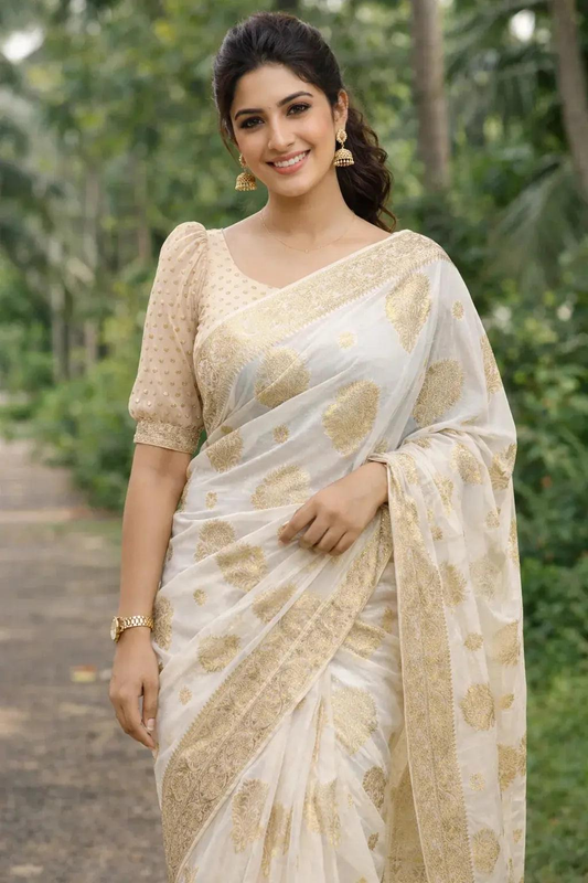 Chinon saree with intricate zari weaving, lightweight festive wear by SOL BY SMITHA, showcasing elegant drape and detailed craftsmanship.