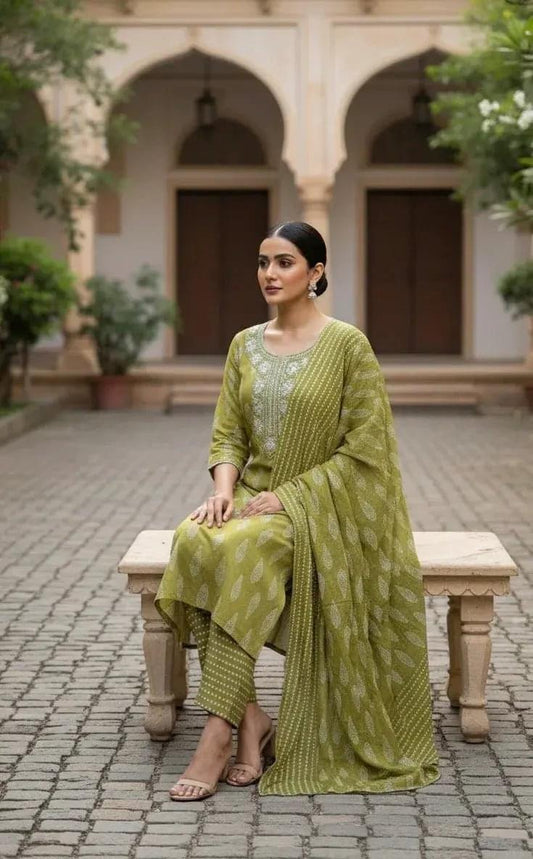 Light green mirror-embellished 3-piece suit set by SOL BY SMITHA, featuring traditional design and intricate mirror work.