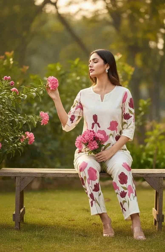 SOL BY SMITHA flower print coord set featuring a matching top and pants with vibrant floral patterns.