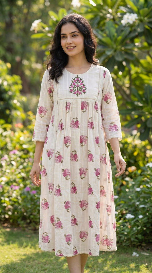 Cotton A-line floral print frock by SOL BY SMITHA featuring a flowy silhouette and colorful floral pattern.