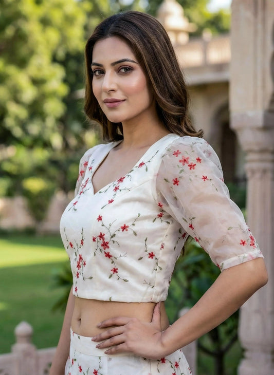 Cream - Red Thread Work Blouse - SOL BY SMITHA