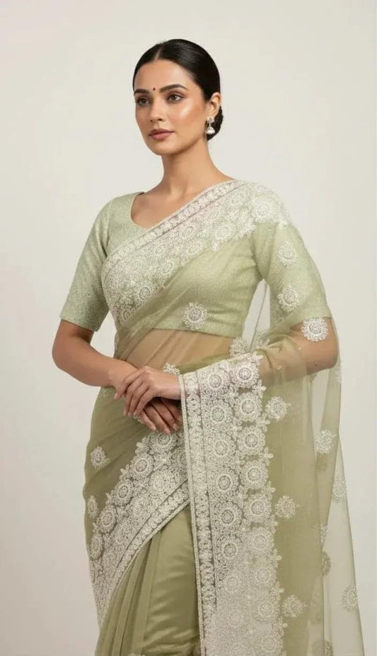 Elegant embroidery saree by SOL BY SMITHA featuring intricate needlework and traditional design.
