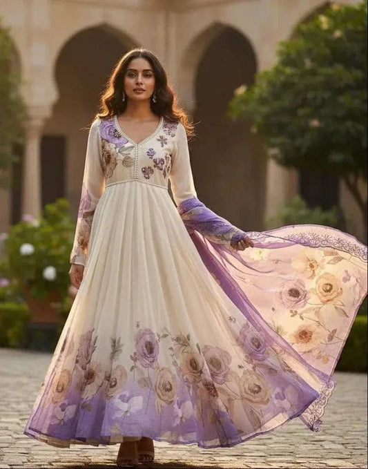 Floral cream Anarkali suit set with lavender dupatta from SOL BY SMITHA, featuring intricate embroidery and elegant design.