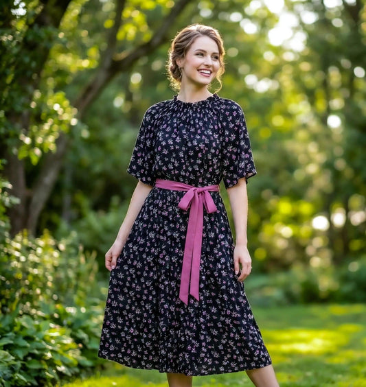 Black floral frock by SOL BY SMITHA featuring a feminine design and colorful floral patterns, perfect for casual or semi-formal wear.