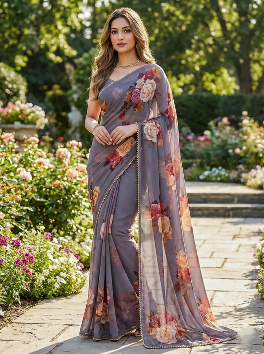 Floral print saree from SOL BY SMITHA featuring vibrant flower patterns and elegant drape on a traditional Indian garment.
