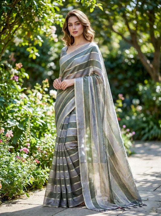 Grey organza saree with intricate embroidery, designed by SOL BY SMITHA, featuring a lightweight, elegant drape.