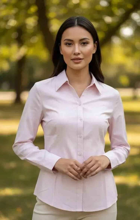 Light pink ladies shirt from SOL BY SMITHA featuring a classic collar and button-down front, casual and stylish for everyday wear.