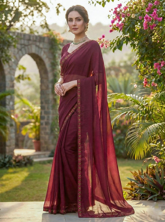 Marron ready-to-wear saree from SOL BY SMITHA featuring elegant drape and intricate design, perfect for festive occasions.