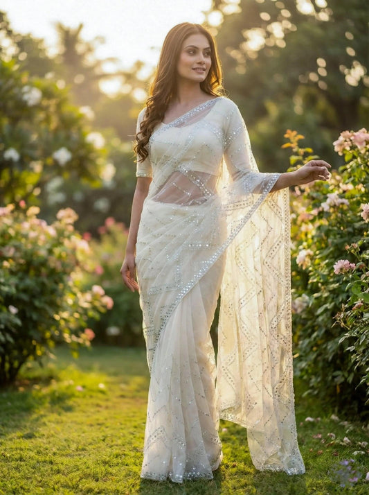 Elegant ivory saree with intricate embellishments by SOL BY SMITHA, featuring traditional craftsmanship and delicate detailing.
