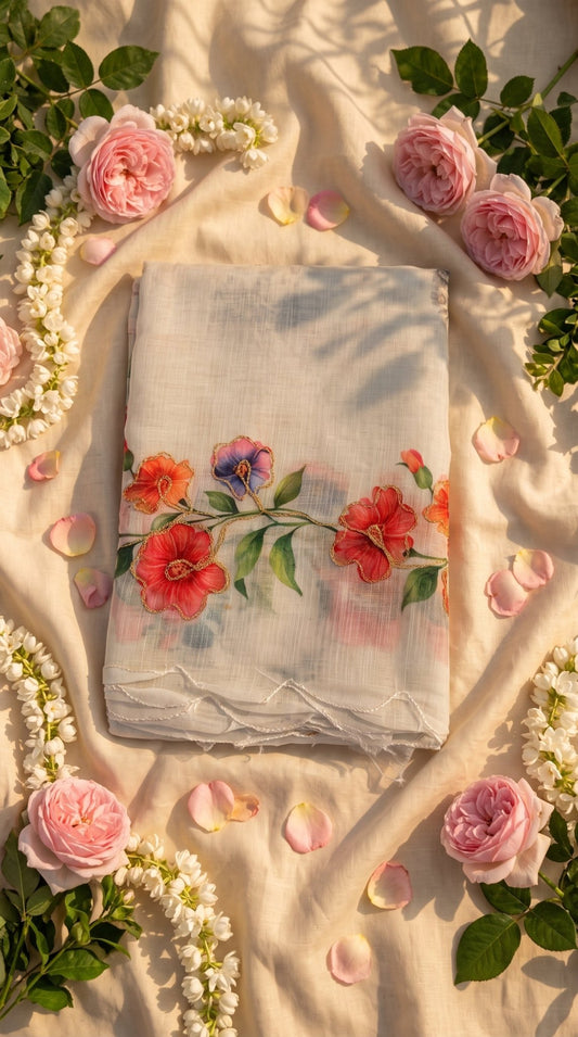 Light beige muslin cotton saree from SOL BY SMITHA featuring intricate traditional embroidery and a flowing, elegant drape.