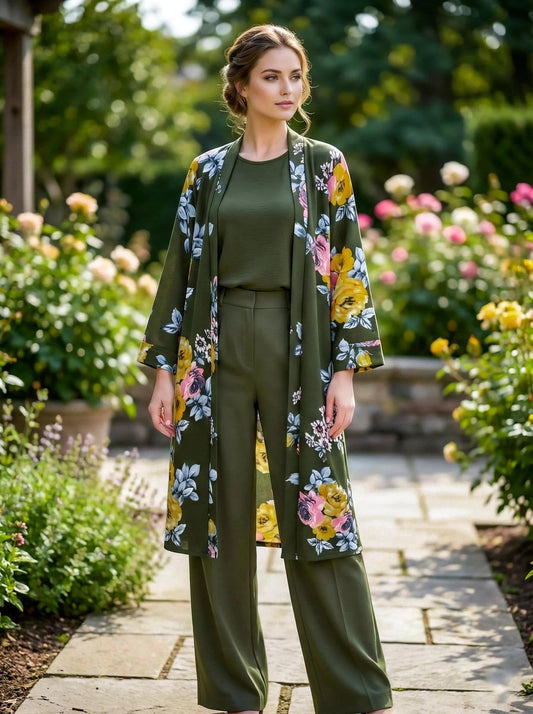 Olive green crop top with overcoat from SOL BY SMITHA, featuring layered style and casual chic look.