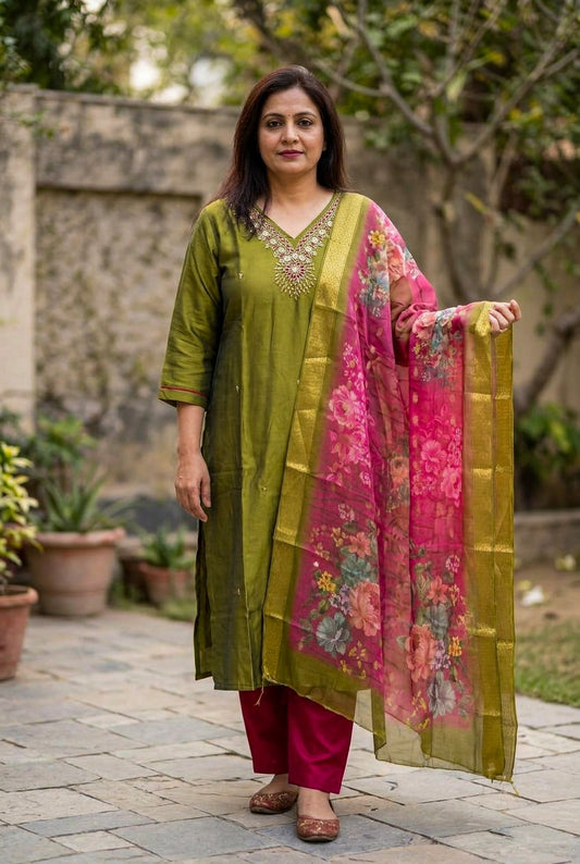 Olive Green Silk Kurta Set with Floral Dupatta | 3 Piece Ethnic Suit UAE - SOL BY SMITHA