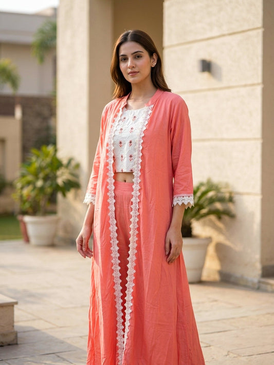Peach Crop Top with Long Jacket Set | Indo Western 2 - Piece Outfit for Women - SOL BY SMITHA