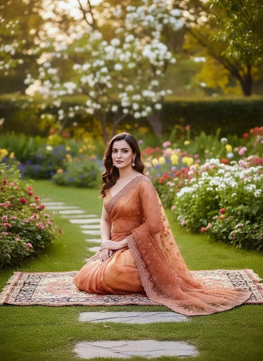 Peach net saree by SOL BY SMITHA with intricate embroidery, draped over a model showcasing elegant traditional attire.
