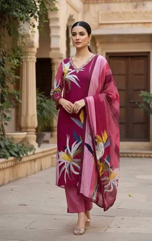 Pink floral print dress from SOL BY SMITHA three-piece suit set, featuring a flowy dress with vibrant floral patterns.