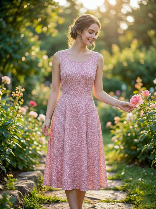Pink floral print sleeveless midi dress for women by SOL BY SMITHA, featuring an elegant A-line design for summer casual and party wear.