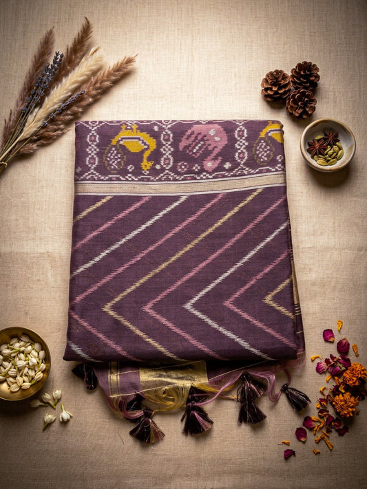 Purple Multicolor Printed Saree for Women | Ikat Style Cotton Saree with Tassels - SOL BY SMITHA
