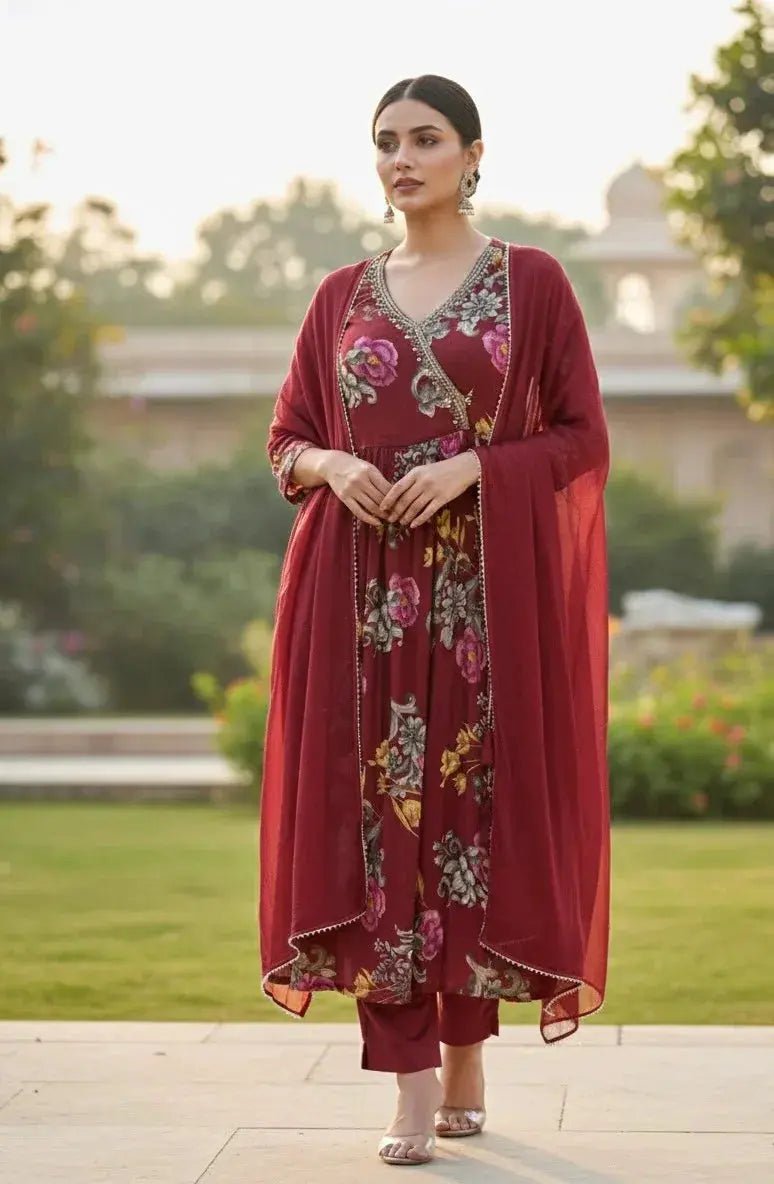 anarkali dress red Charming Red Embroidered Anarkali Suit With Dupatta