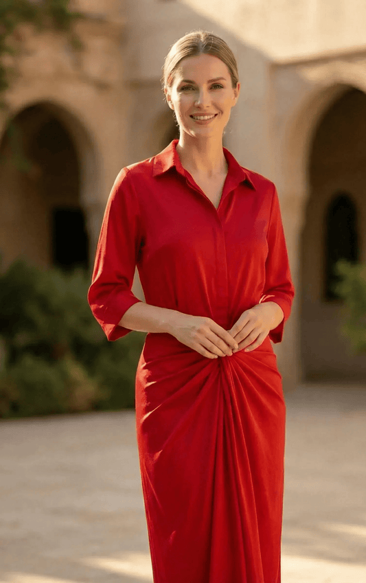 Red satin shirt by SOL BY SMITHA, showcasing smooth fabric and classic collar design, styled for elegant casual wear.