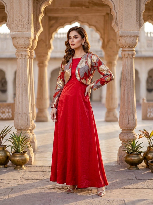 Red Shimmer Satin Gown with Designer Shrug | SOL by Smitha - SOL BY SMITHA