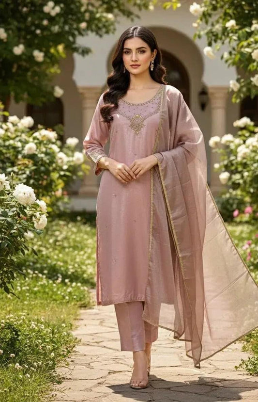 Elegant embroidered shimmer satin 3-piece suit set by SOL BY SMITHA, featuring intricate embroidery and luxurious fabric.